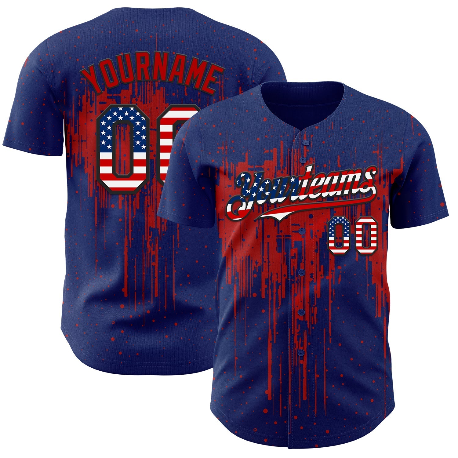 Custom Royal Vintage USA Flag Black-Red Dripping Splatter Paint Authentic Baseball Jersey baseball jersey product view 1