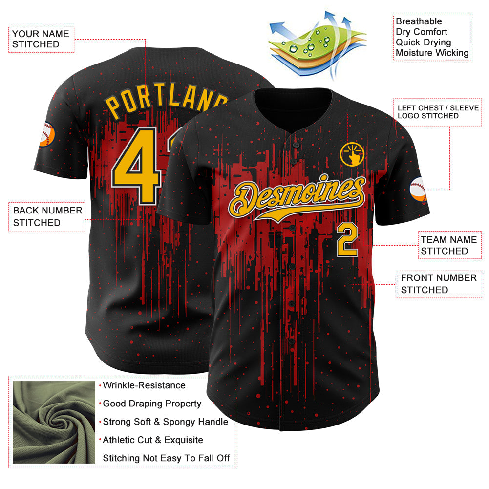 Custom Black Gold Red-White Dripping Splatter Paint Authentic Baseball Jersey baseball jersey product view 3