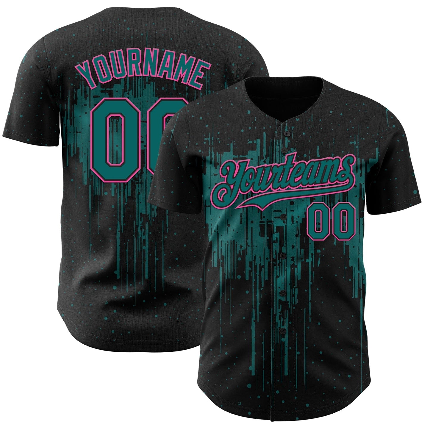Custom Black Teal-Pink Dripping Splatter Paint Authentic Baseball Jersey baseball jersey product view 1