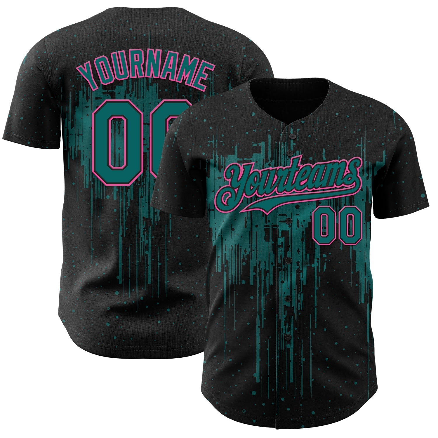Custom Black Teal-Pink Dripping Splatter Paint Authentic Baseball Jersey baseball jersey product view 1