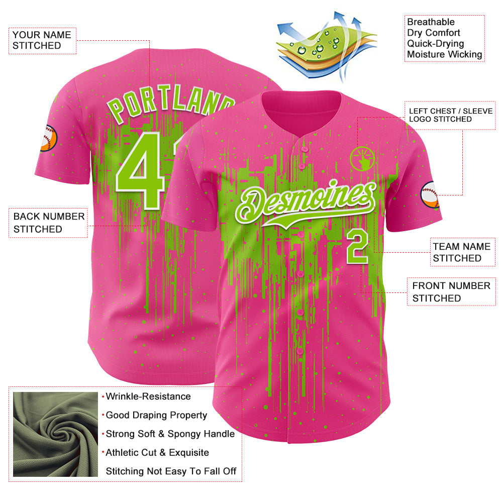 Custom Pink Neon Green-White Dripping Splatter Paint Authentic Baseball Jersey baseball jersey product view 3