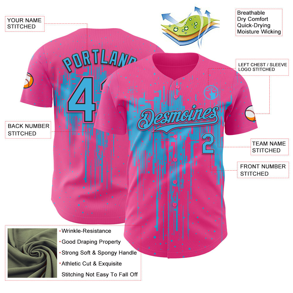 Custom Pink Sky Blue-Black Dripping Splatter Paint Authentic Baseball Jersey baseball jersey product view 3