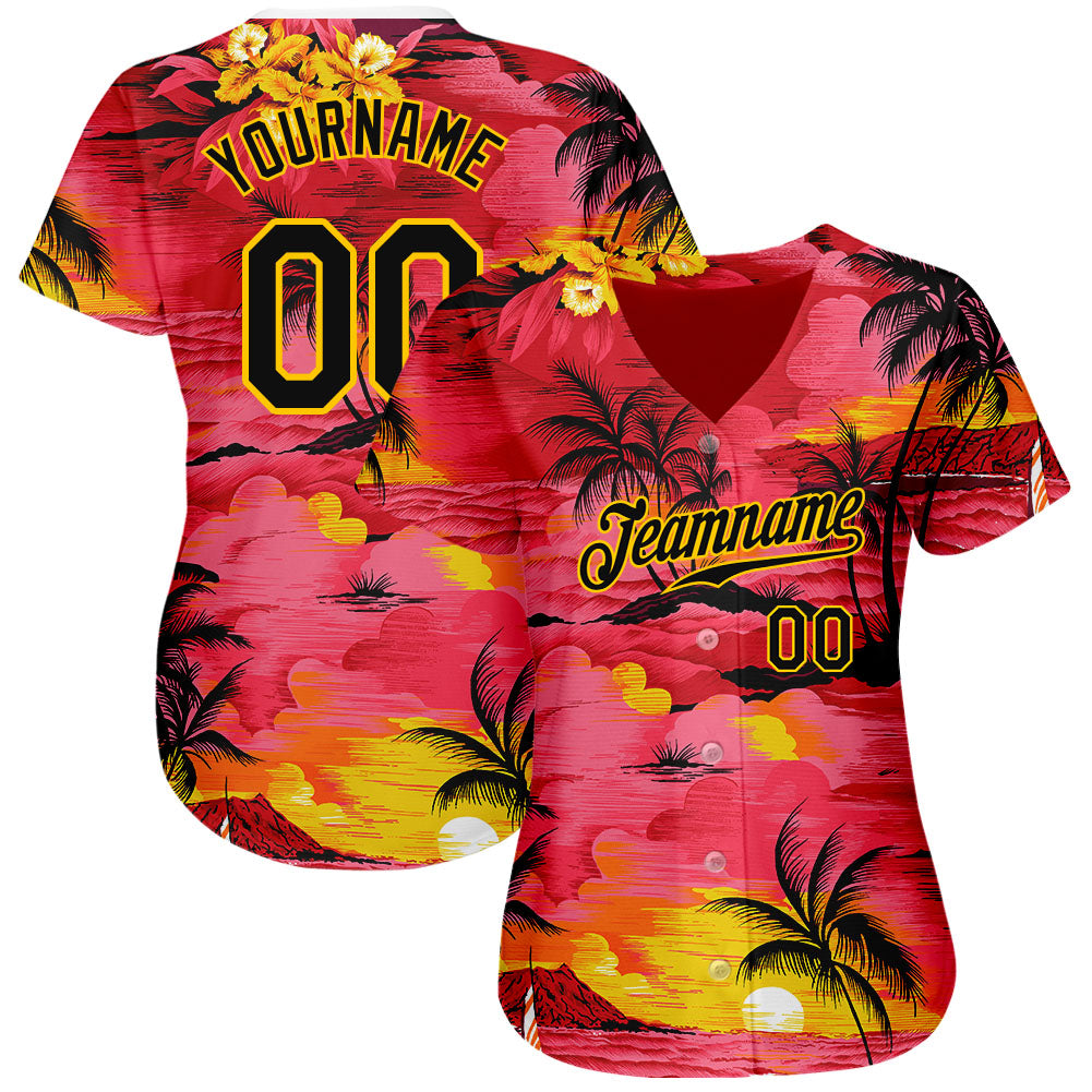 Custom Red Black-Yellow 3D Pattern Design Sun Beach Hawaii Palm Trees Authentic Baseball Jersey baseball jersey product view 2