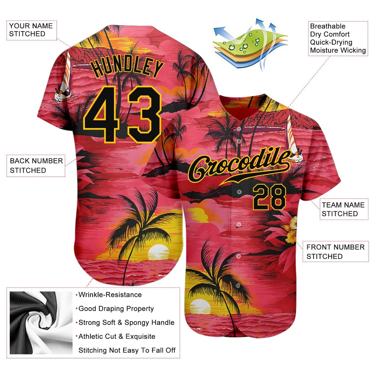 Custom Red Black-Yellow 3D Pattern Design Sun Beach Hawaii Palm Trees Authentic Baseball Jersey baseball jersey product view 3