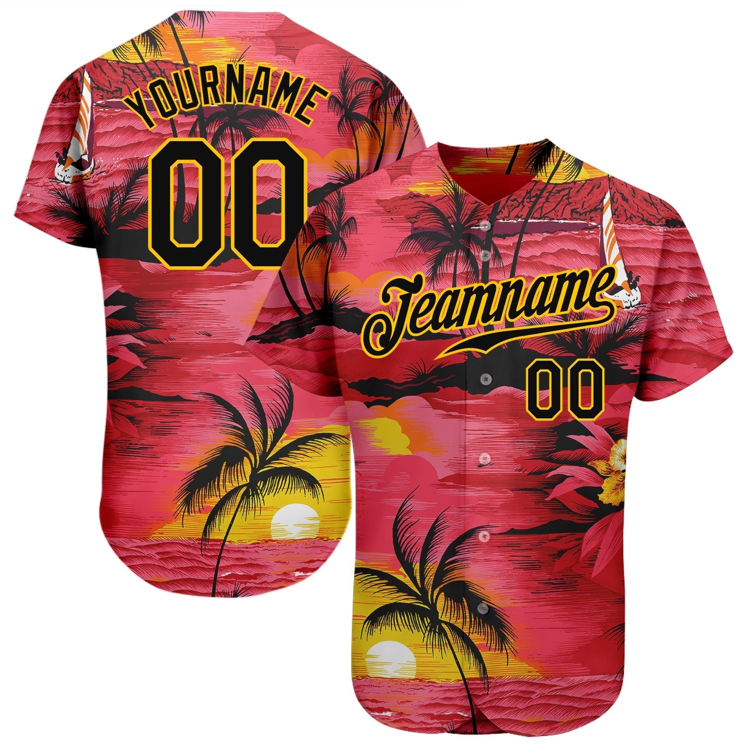 Custom Red Black-Yellow 3D Pattern Design Sun Beach Hawaii Palm Trees Authentic Baseball Jersey baseball jersey product view 1