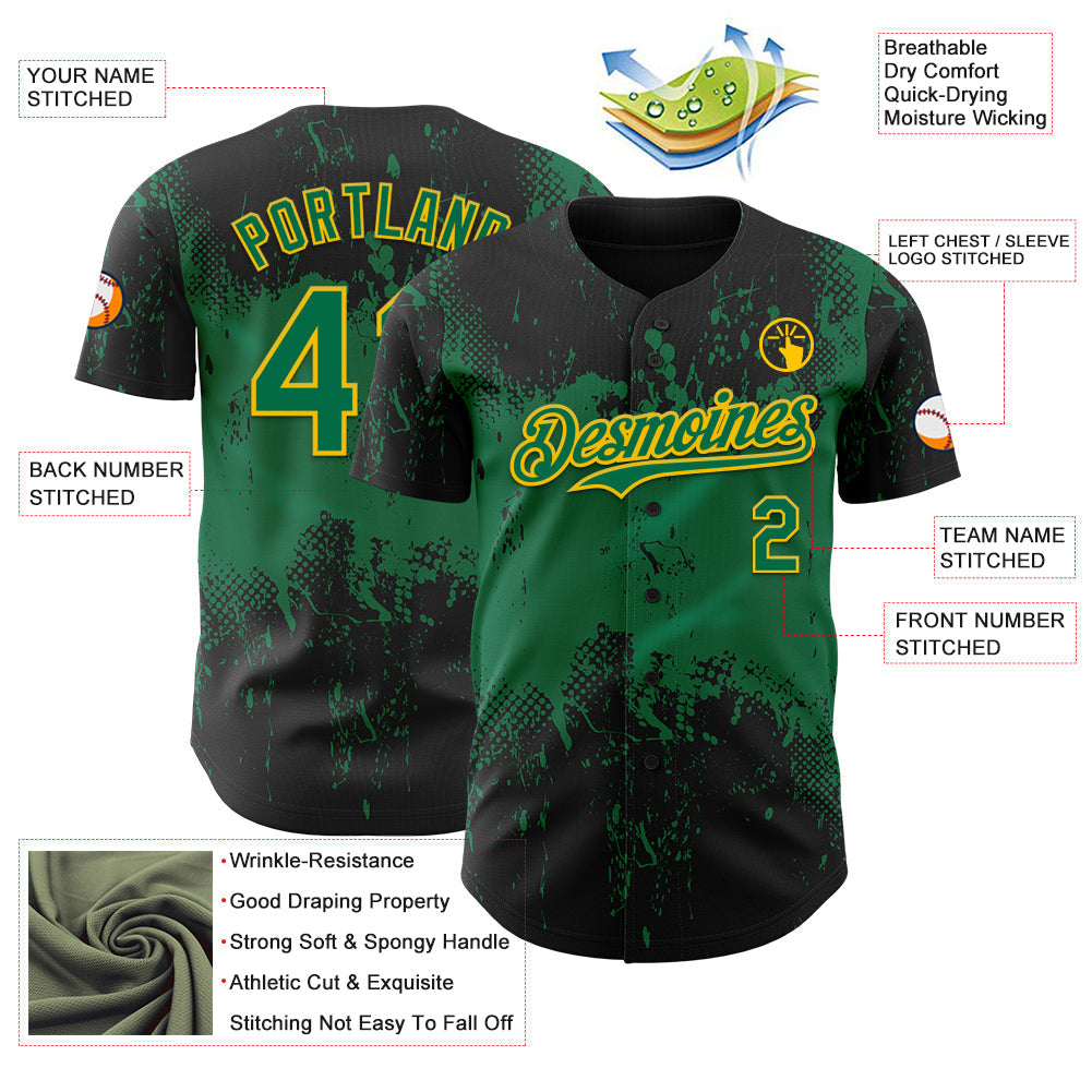 Custom Black Kelly Green-Yellow Abstract Splatter Grunge Paint Authentic Baseball Jersey baseball jersey product view 3