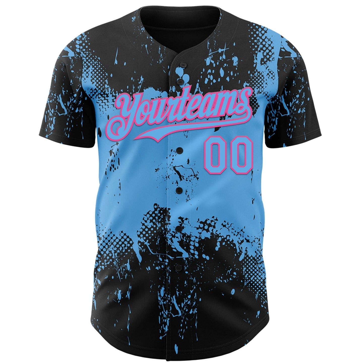 Custom Black Sky Blue-Pink Abstract Splatter Grunge Paint Authentic Baseball Jersey baseball jersey product view 2