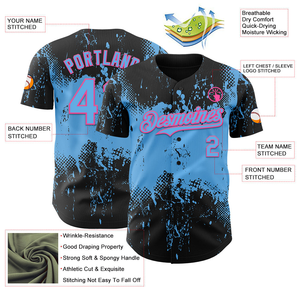 Custom Black Sky Blue-Pink Abstract Splatter Grunge Paint Authentic Baseball Jersey baseball jersey product view 3