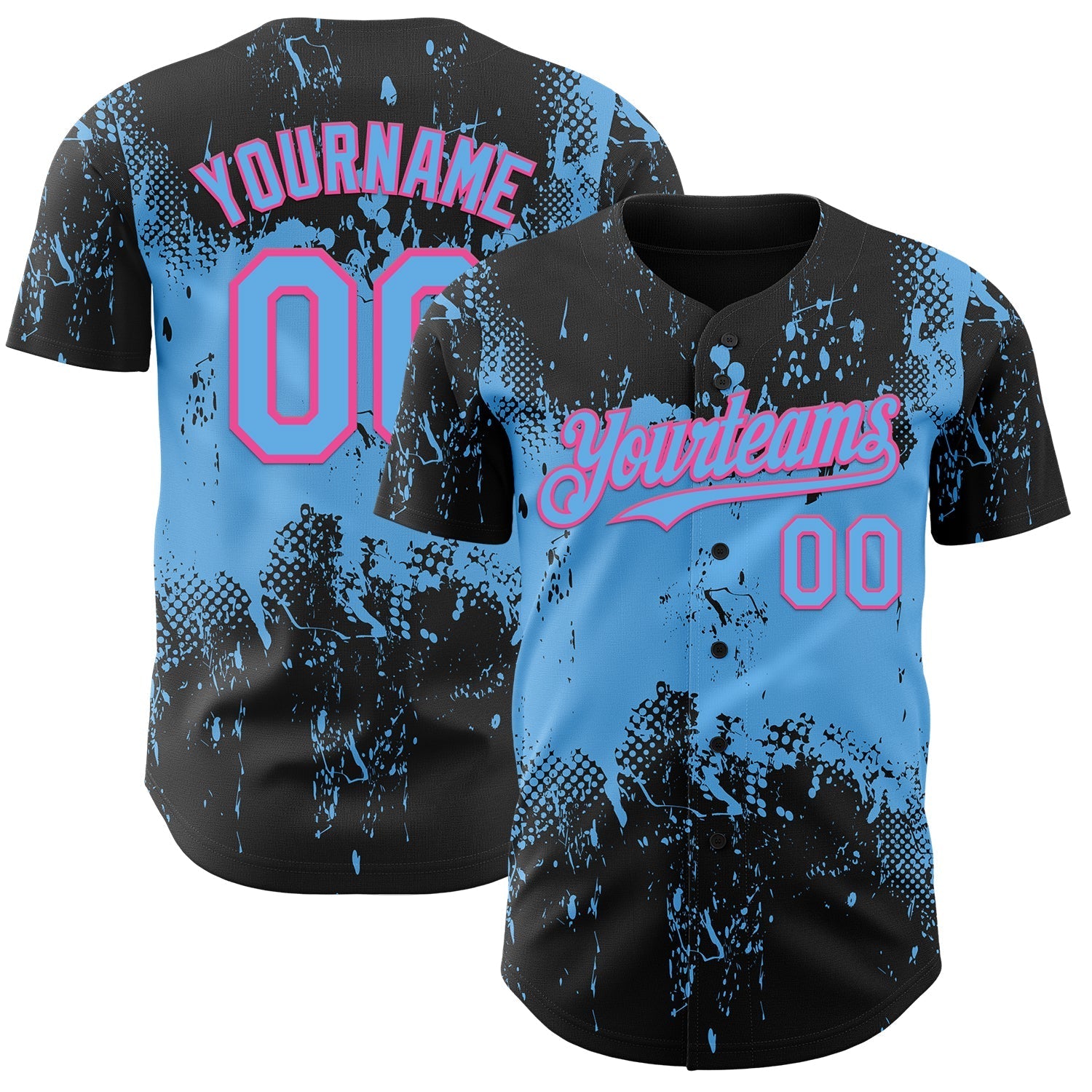 Custom Black Sky Blue-Pink Abstract Splatter Grunge Paint Authentic Baseball Jersey baseball jersey product view 1