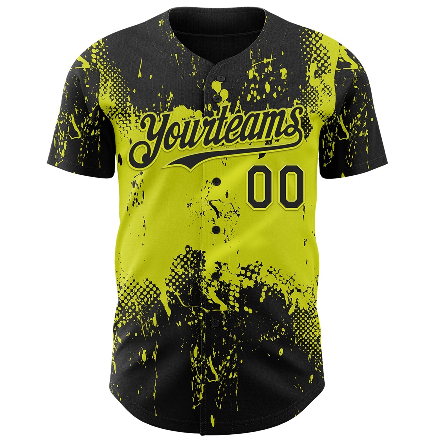 Custom Black Neon Yellow Abstract Splatter Grunge Paint Authentic Baseball Jersey baseball jersey product view 2