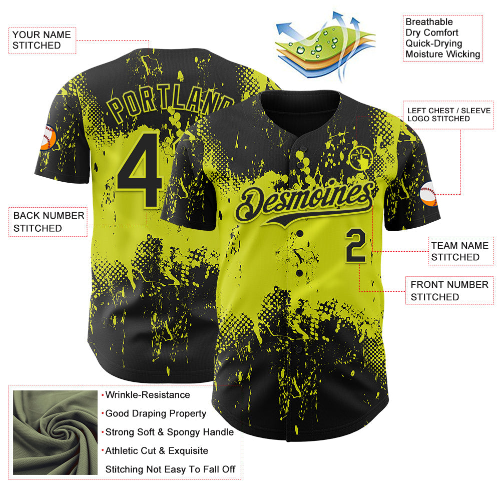 Custom Black Neon Yellow Abstract Splatter Grunge Paint Authentic Baseball Jersey baseball jersey product view 3