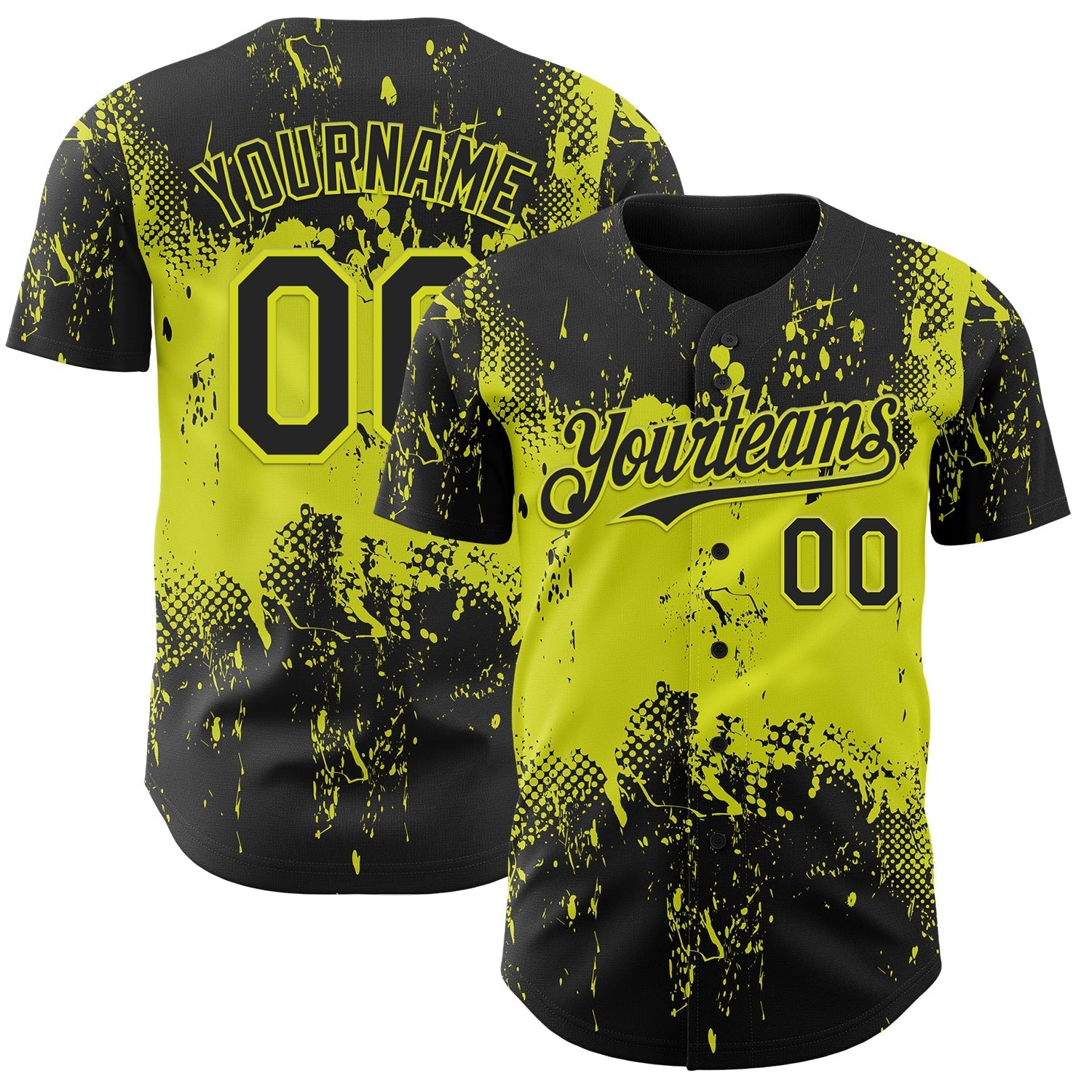 Custom Black Neon Yellow Abstract Splatter Grunge Paint Authentic Baseball Jersey baseball jersey product view 1