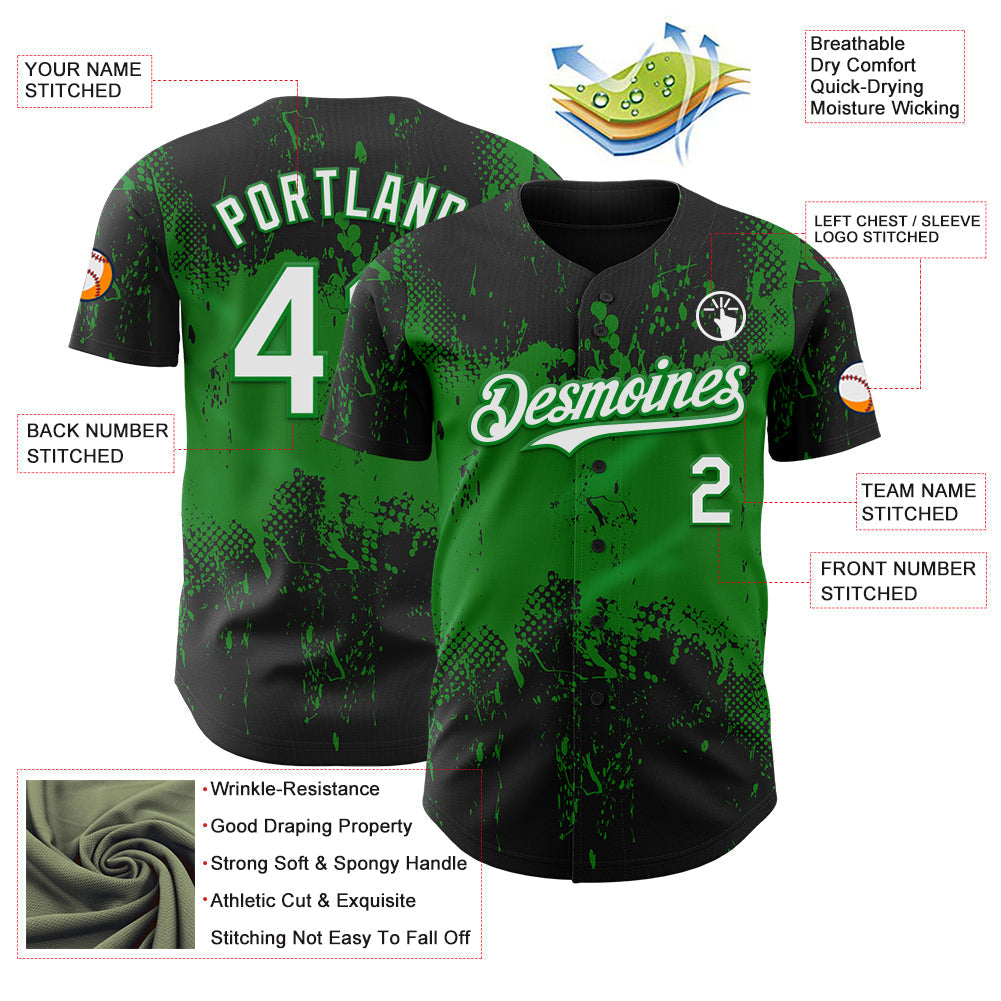 Custom Black White-Grass Green Abstract Splatter Grunge Paint Authentic Baseball Jersey baseball jersey product view 3