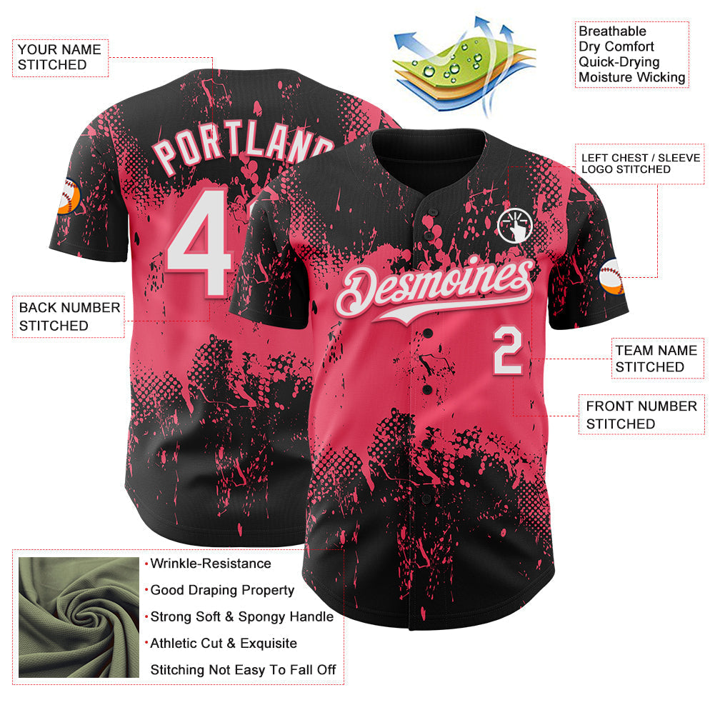 Custom Black White-Neon Pink Abstract Splatter Grunge Paint Authentic Baseball Jersey baseball jersey product view 3