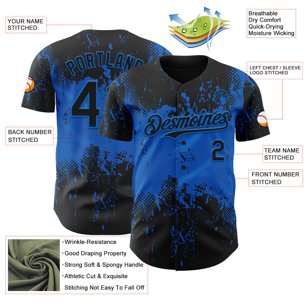 Custom Black Blue Abstract Splatter Grunge Paint Authentic Baseball Jersey baseball jersey product view 3