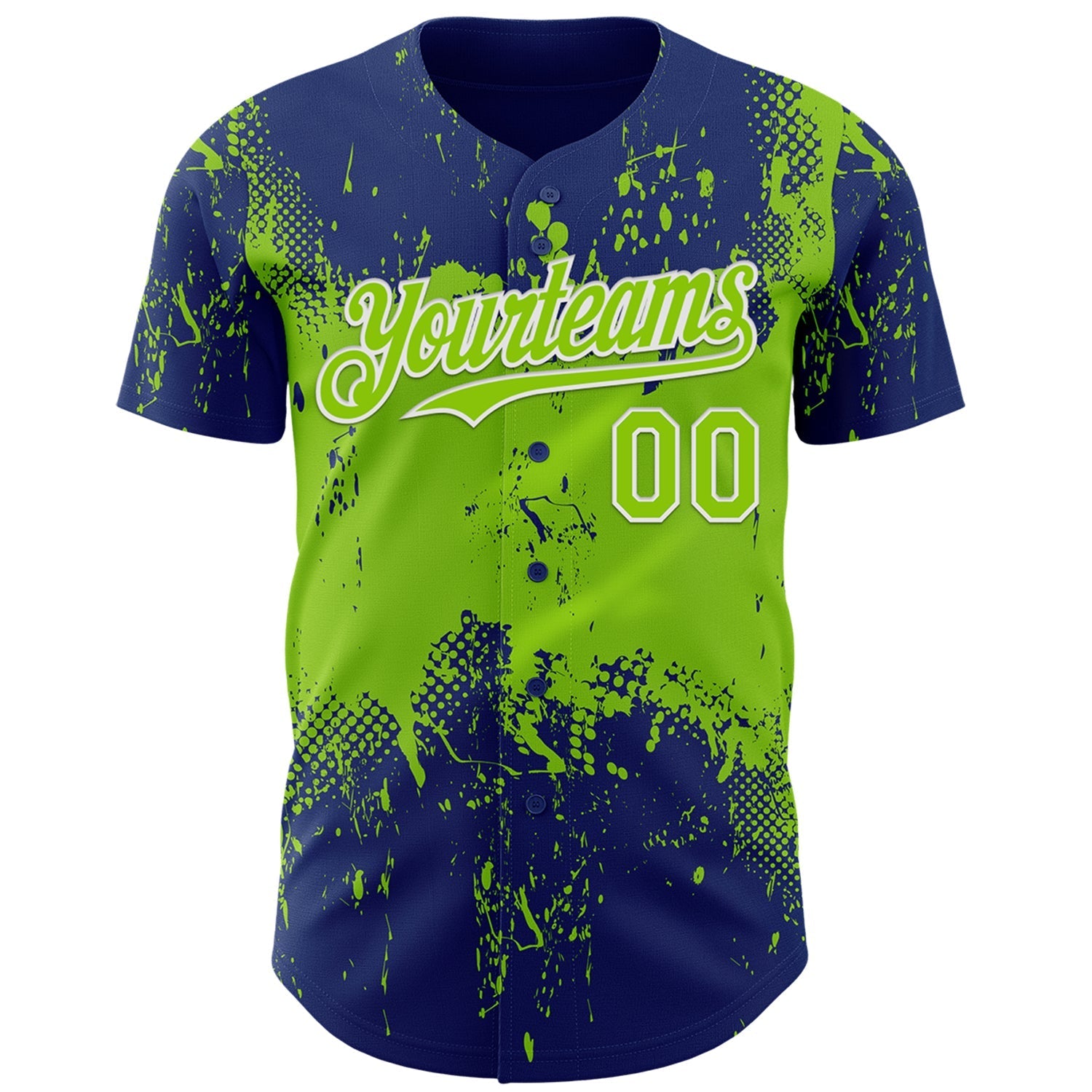 Custom Royal Neon Green-White Abstract Splatter Grunge Paint Authentic Baseball Jersey baseball jersey product view 2
