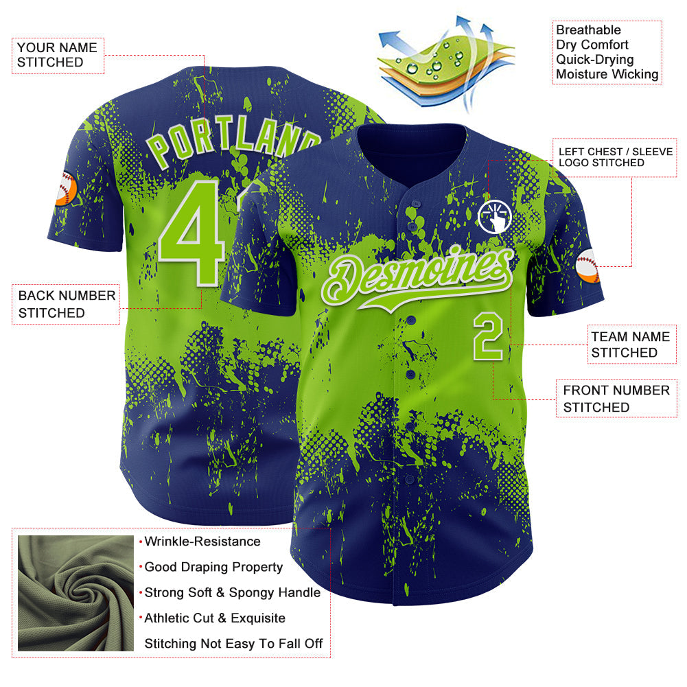 Custom Royal Neon Green-White Abstract Splatter Grunge Paint Authentic Baseball Jersey baseball jersey product view 3