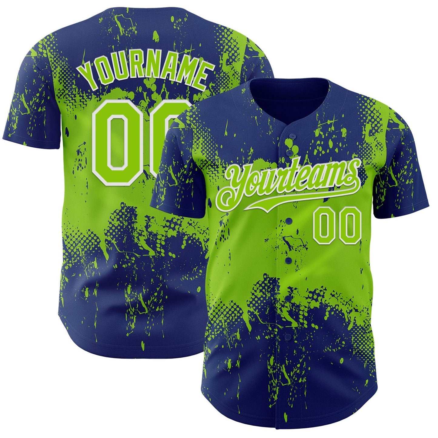 Custom Royal Neon Green-White Abstract Splatter Grunge Paint Authentic Baseball Jersey baseball jersey product view 1