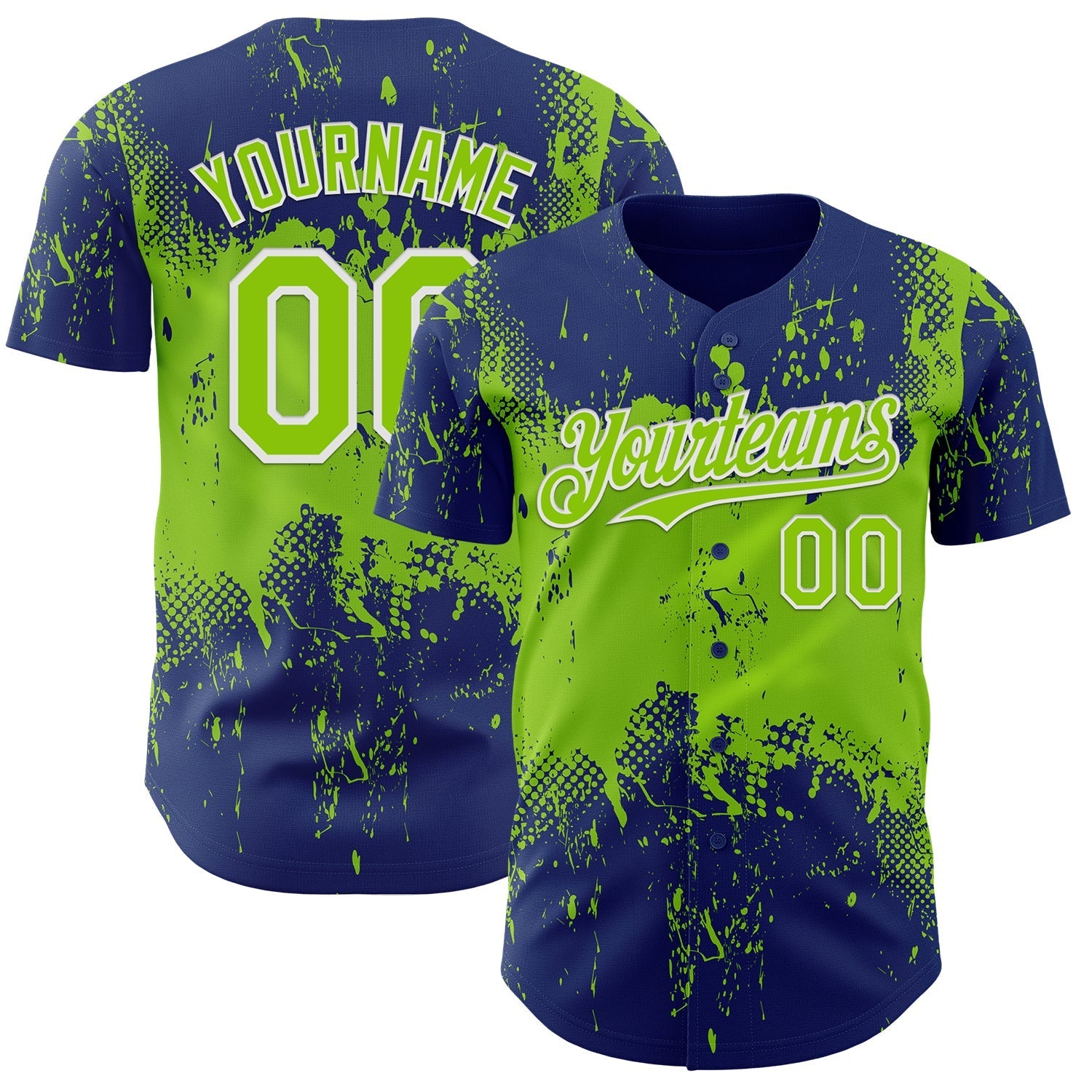 Custom Royal Neon Green-White Abstract Splatter Grunge Paint Authentic Baseball Jersey baseball jersey product view 1