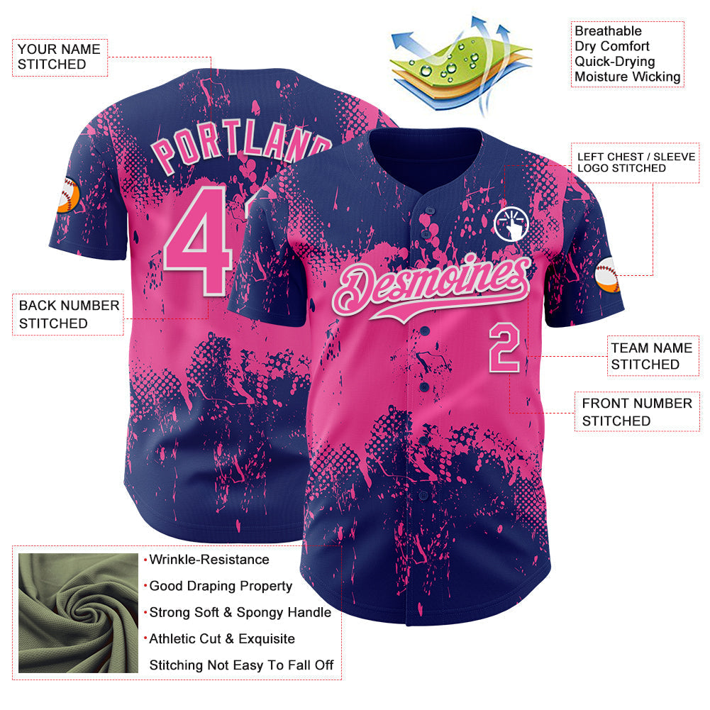 Custom Royal Pink-White Abstract Splatter Grunge Paint Authentic Baseball Jersey baseball jersey product view 3
