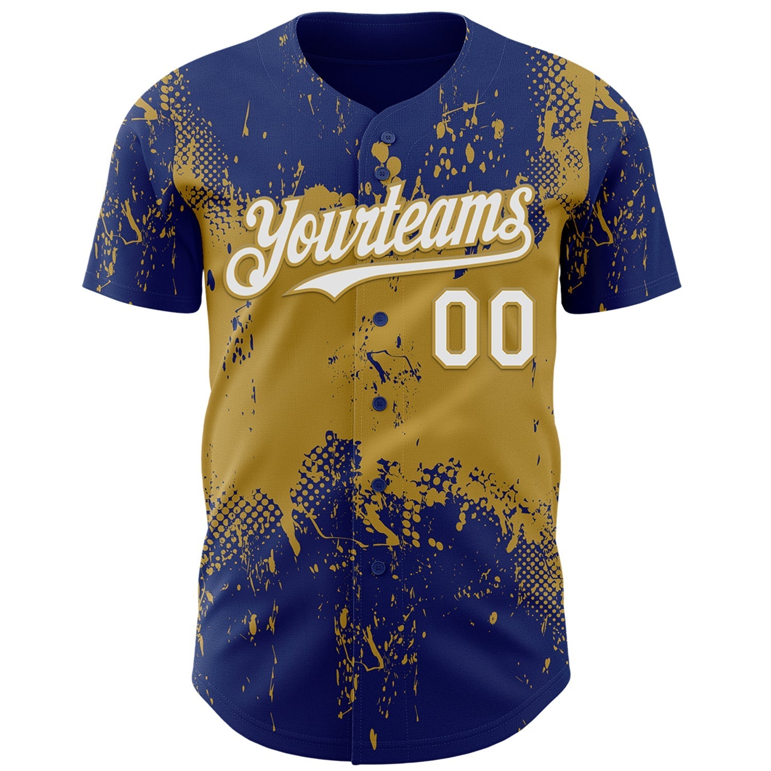 Custom Royal White-Old Gold Abstract Splatter Grunge Paint Authentic Baseball Jersey baseball jersey product view 2