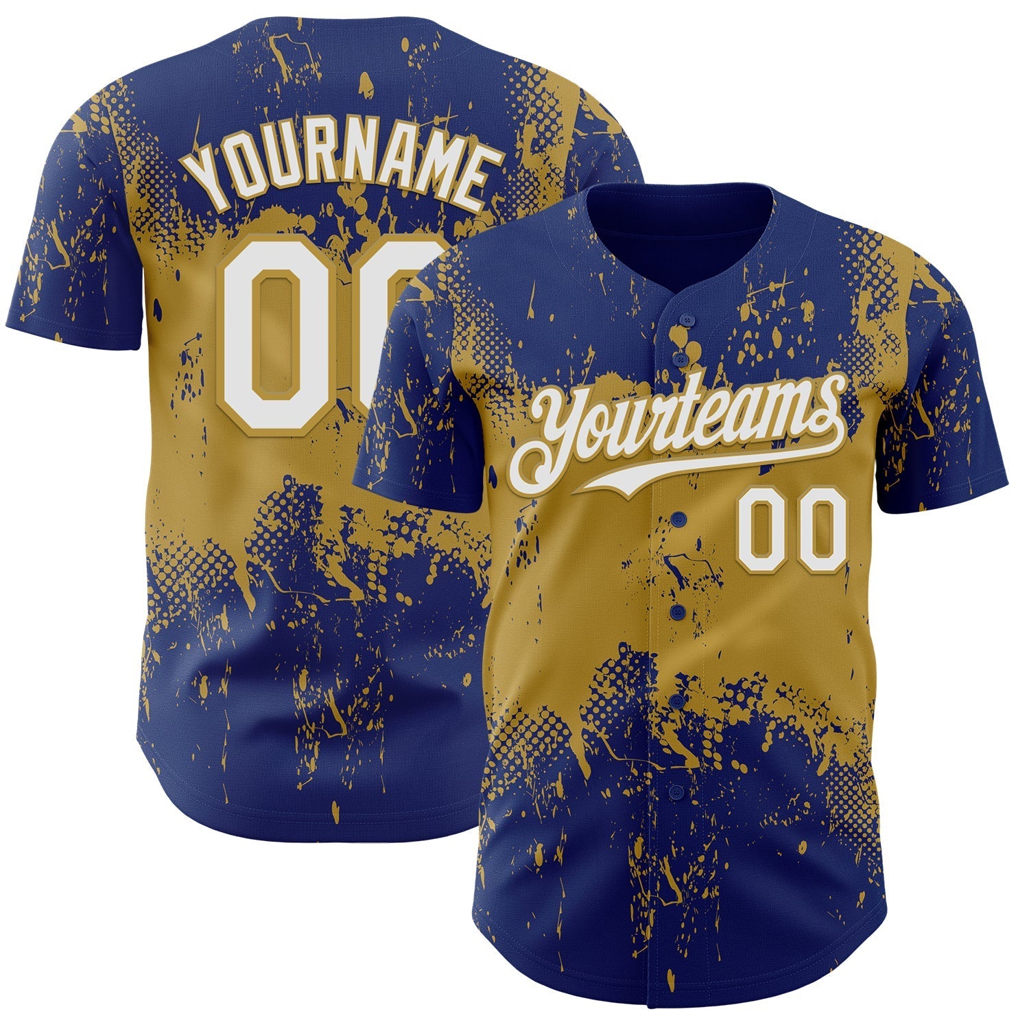 Custom Royal White-Old Gold Abstract Splatter Grunge Paint Authentic Baseball Jersey baseball jersey product view 1