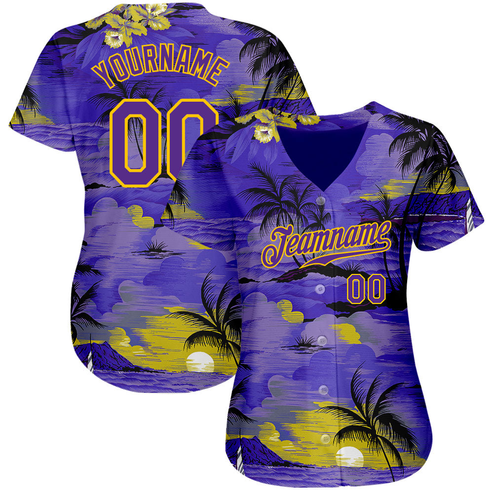 Custom Purple Yellow 3D Pattern Design Sun Beach Hawaii Palm Trees Authentic Baseball Jersey baseball jersey product view 2