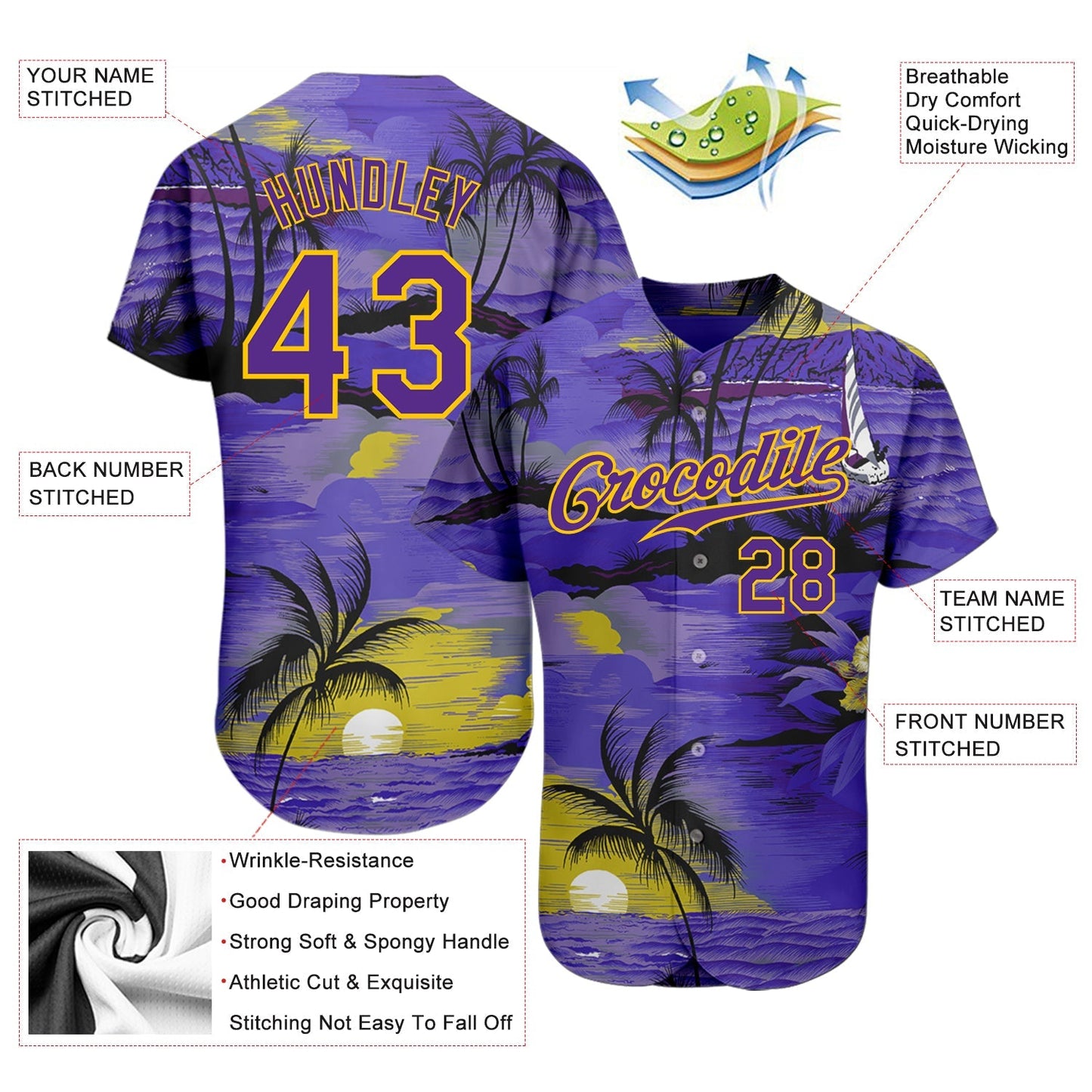 Custom Purple Yellow 3D Pattern Design Sun Beach Hawaii Palm Trees Authentic Baseball Jersey baseball jersey product view 3