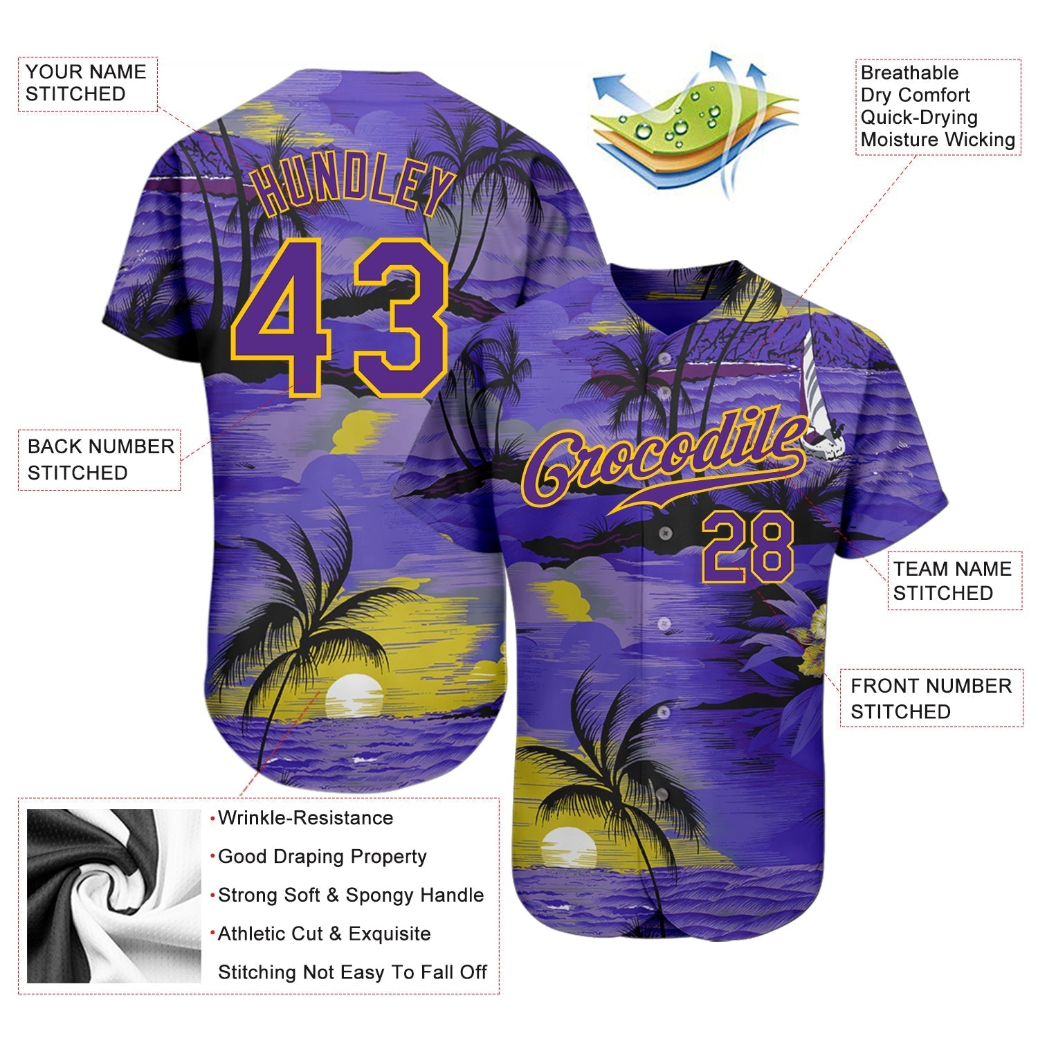 Custom Purple Yellow 3D Pattern Design Sun Beach Hawaii Palm Trees Authentic Baseball Jersey baseball jersey product view 3