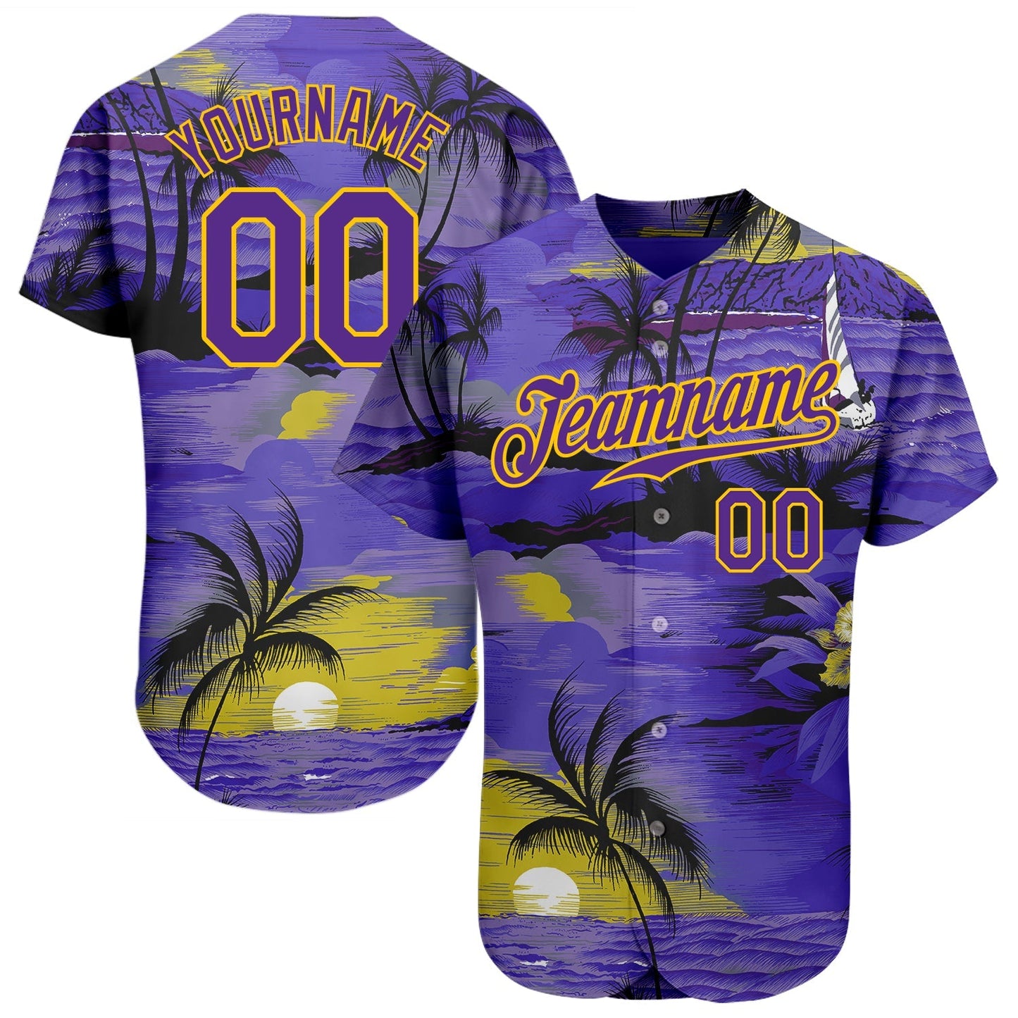 Custom Purple Yellow 3D Pattern Design Sun Beach Hawaii Palm Trees Authentic Baseball Jersey baseball jersey product view 1