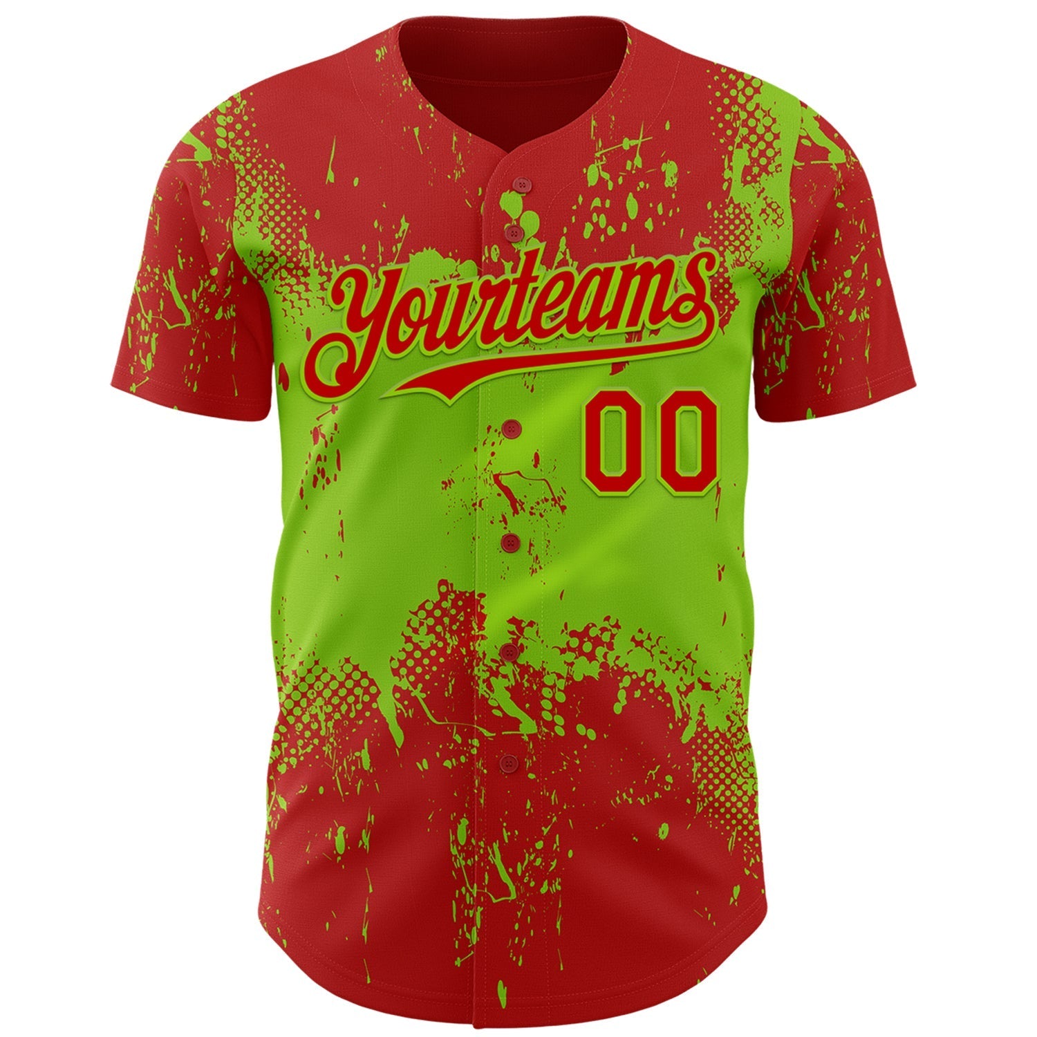 Custom Red Neon Green Abstract Splatter Grunge Paint Authentic Baseball Jersey baseball jersey product view 2