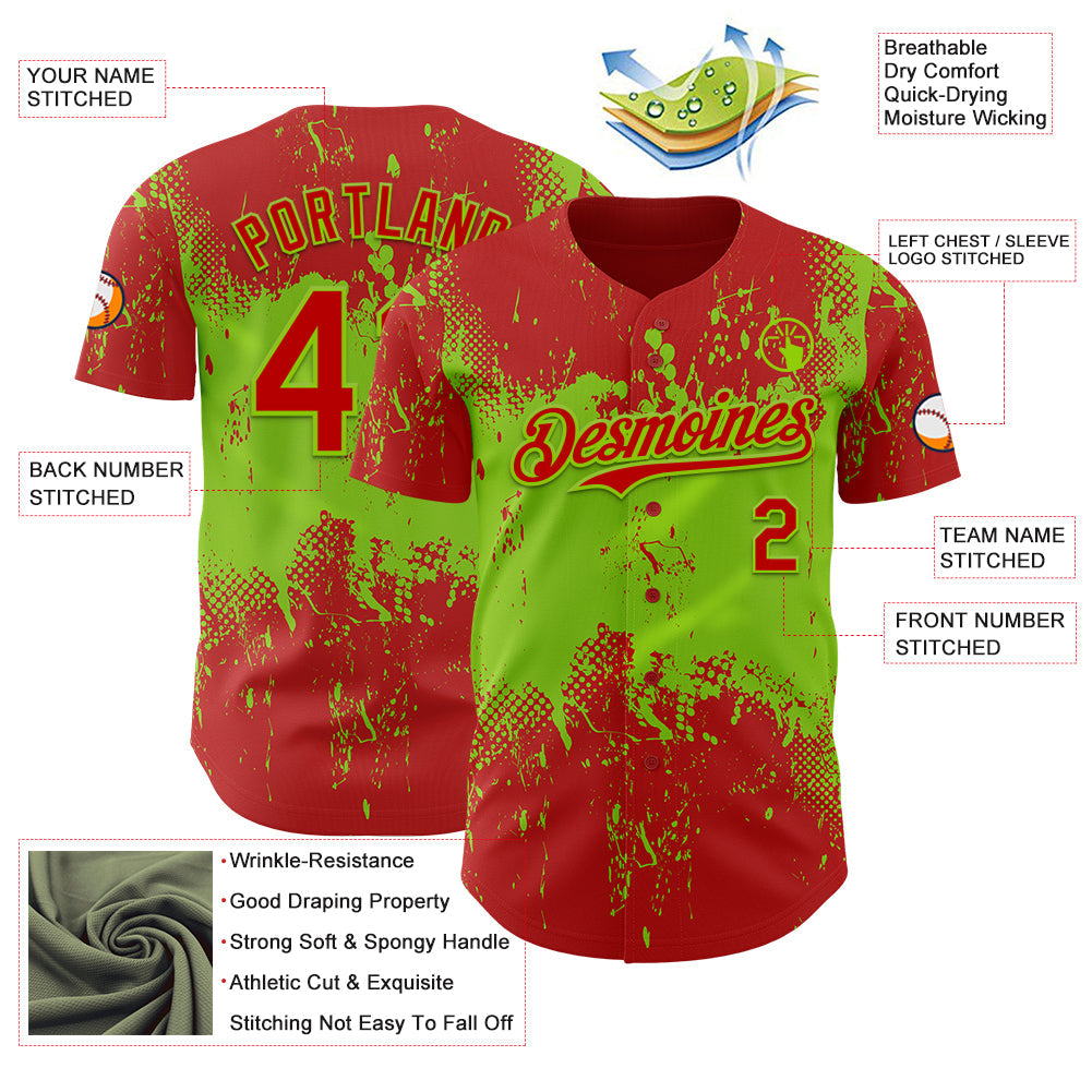 Custom Red Neon Green Abstract Splatter Grunge Paint Authentic Baseball Jersey baseball jersey product view 3