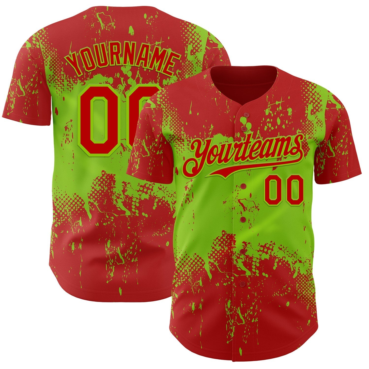 Custom Red Neon Green Abstract Splatter Grunge Paint Authentic Baseball Jersey baseball jersey product view 1