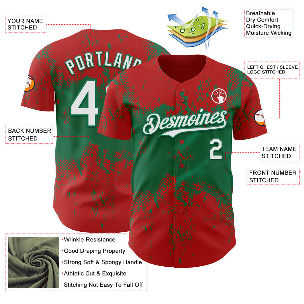 Custom Red White-Kelly Green Abstract Splatter Grunge Paint Authentic Baseball Jersey baseball jersey product view 3