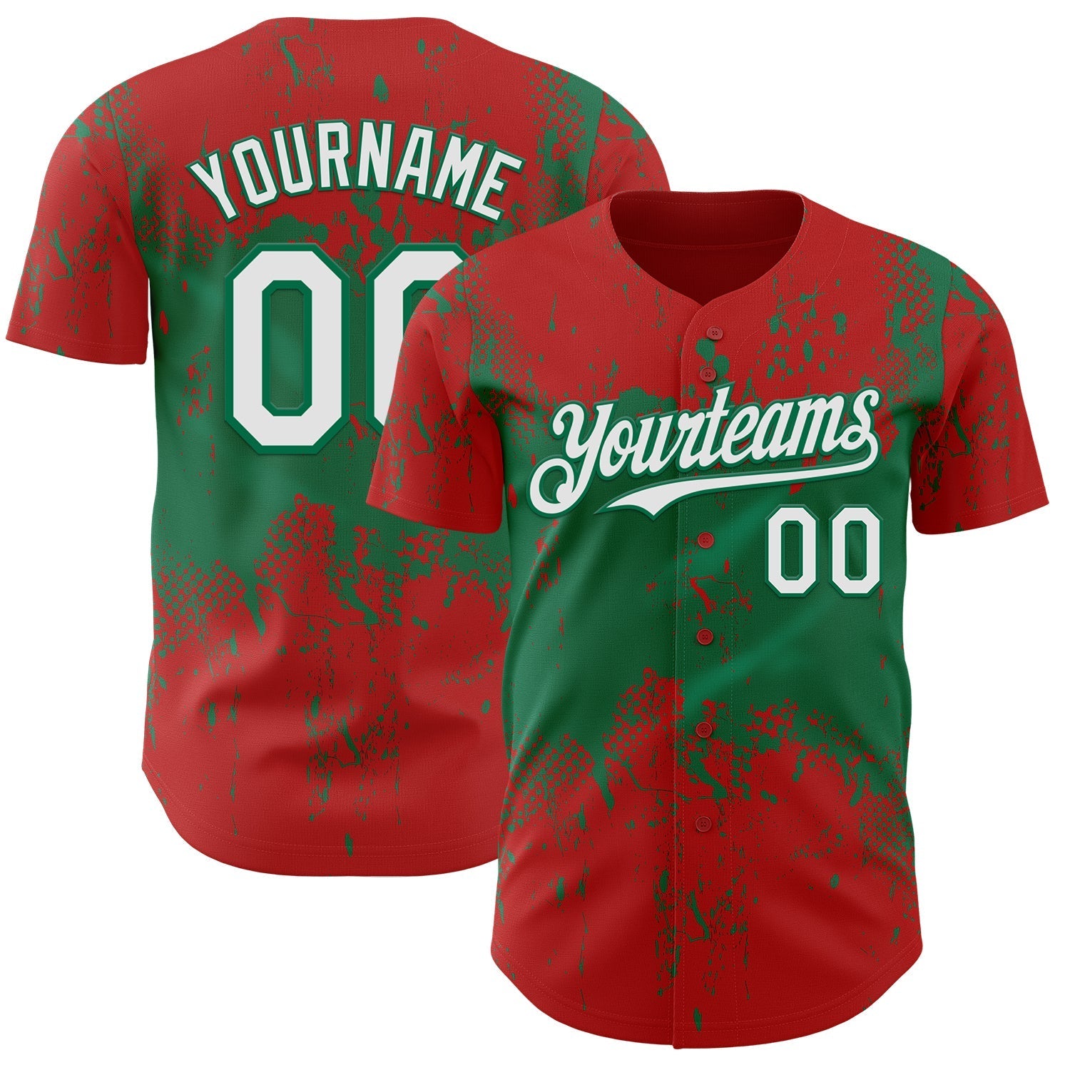 Custom Red White-Kelly Green Abstract Splatter Grunge Paint Authentic Baseball Jersey baseball jersey product view 1