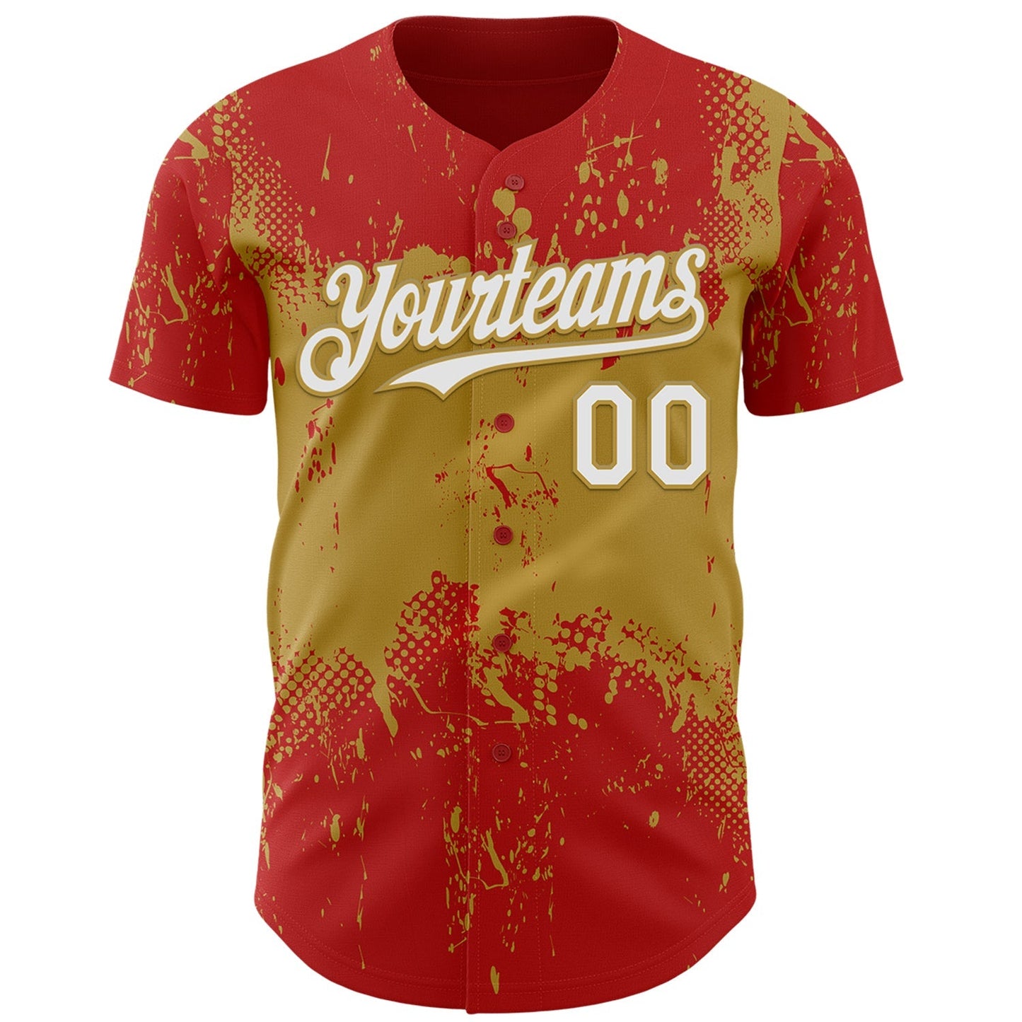 Custom Red White-Old Gold Abstract Splatter Grunge Paint Authentic Baseball Jersey baseball jersey product view 2