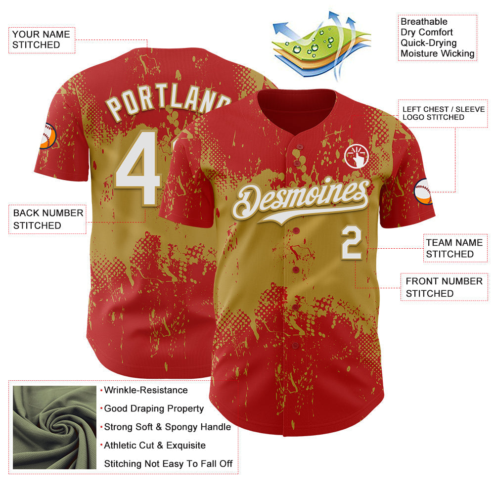Custom Red White-Old Gold Abstract Splatter Grunge Paint Authentic Baseball Jersey baseball jersey product view 3