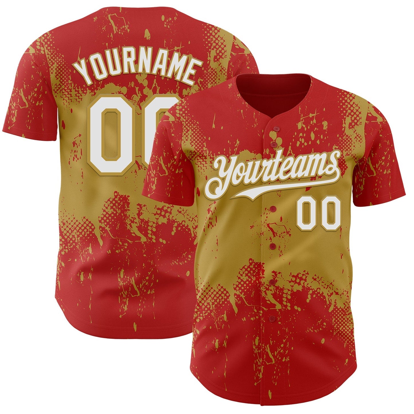 Custom Red White-Old Gold Abstract Splatter Grunge Paint Authentic Baseball Jersey baseball jersey product view 1