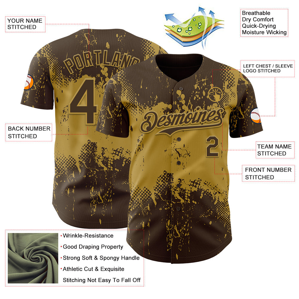 Custom Brown Old Gold Abstract Splatter Grunge Paint Authentic Baseball Jersey baseball jersey product view 3