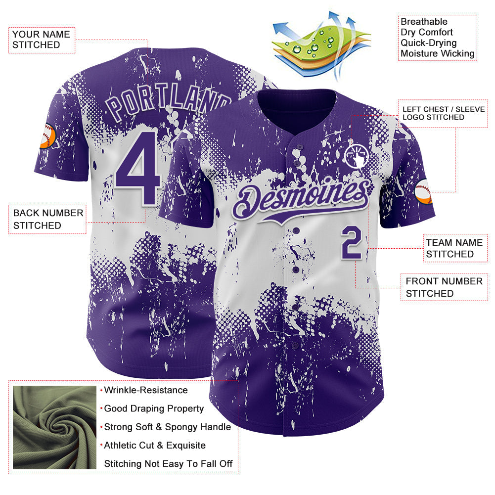 Custom Purple White Abstract Splatter Grunge Paint Authentic Baseball Jersey baseball jersey product view 3
