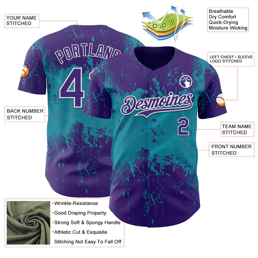 Custom Purple Teal-White Abstract Splatter Grunge Paint Authentic Baseball Jersey baseball jersey product view 3