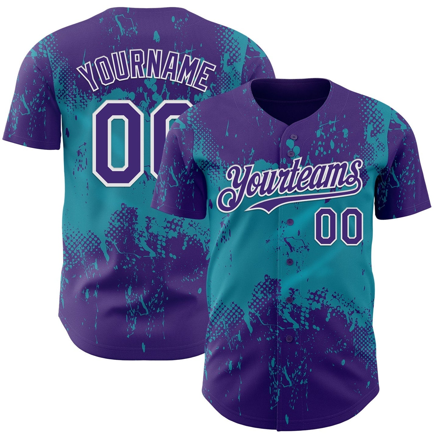 Custom Purple Teal-White Abstract Splatter Grunge Paint Authentic Baseball Jersey baseball jersey product view 1