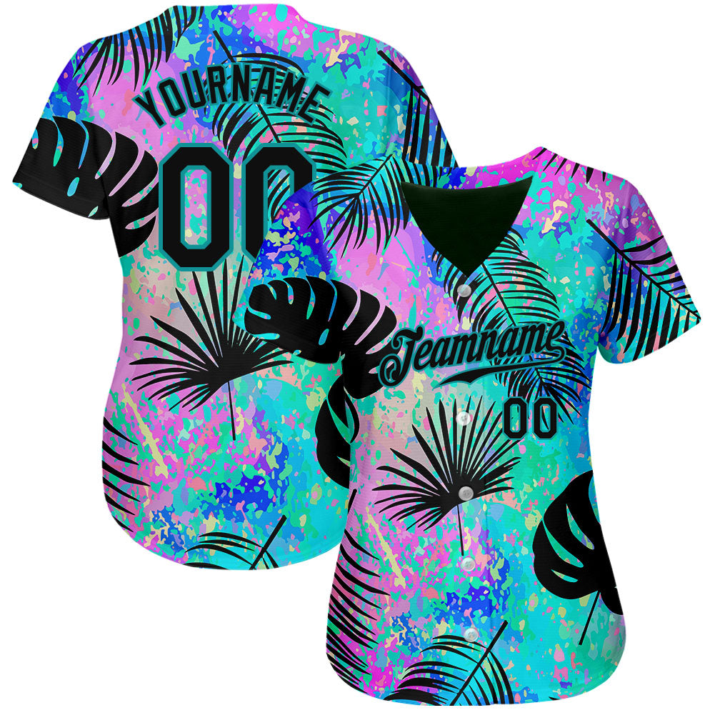 Custom Teal Black 3D Pattern Design Hawaii Palm Leaves Authentic Baseball Jersey baseball jersey product view 3