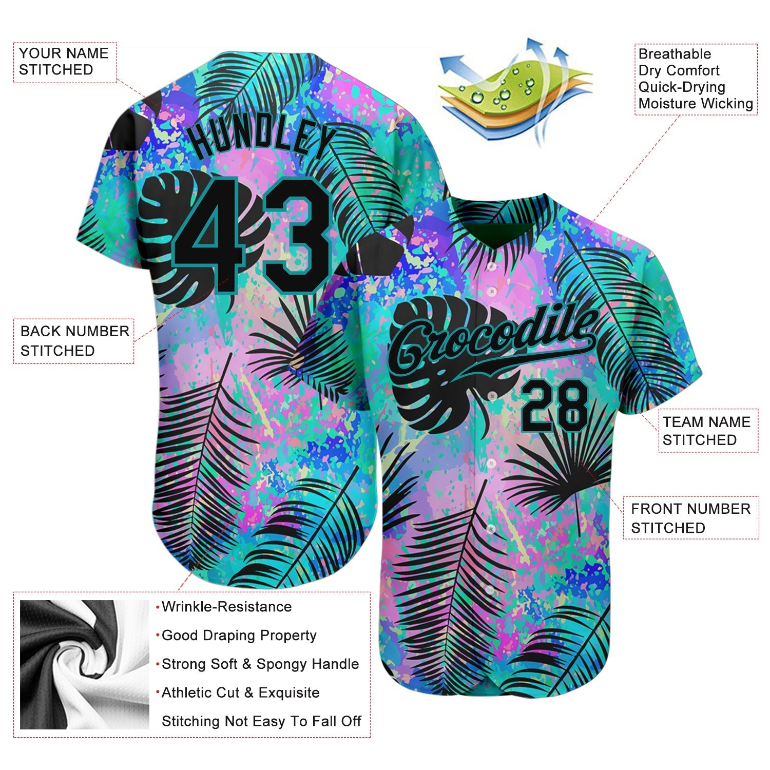 Custom Teal Black 3D Pattern Design Hawaii Palm Leaves Authentic Baseball Jersey baseball jersey product view 4