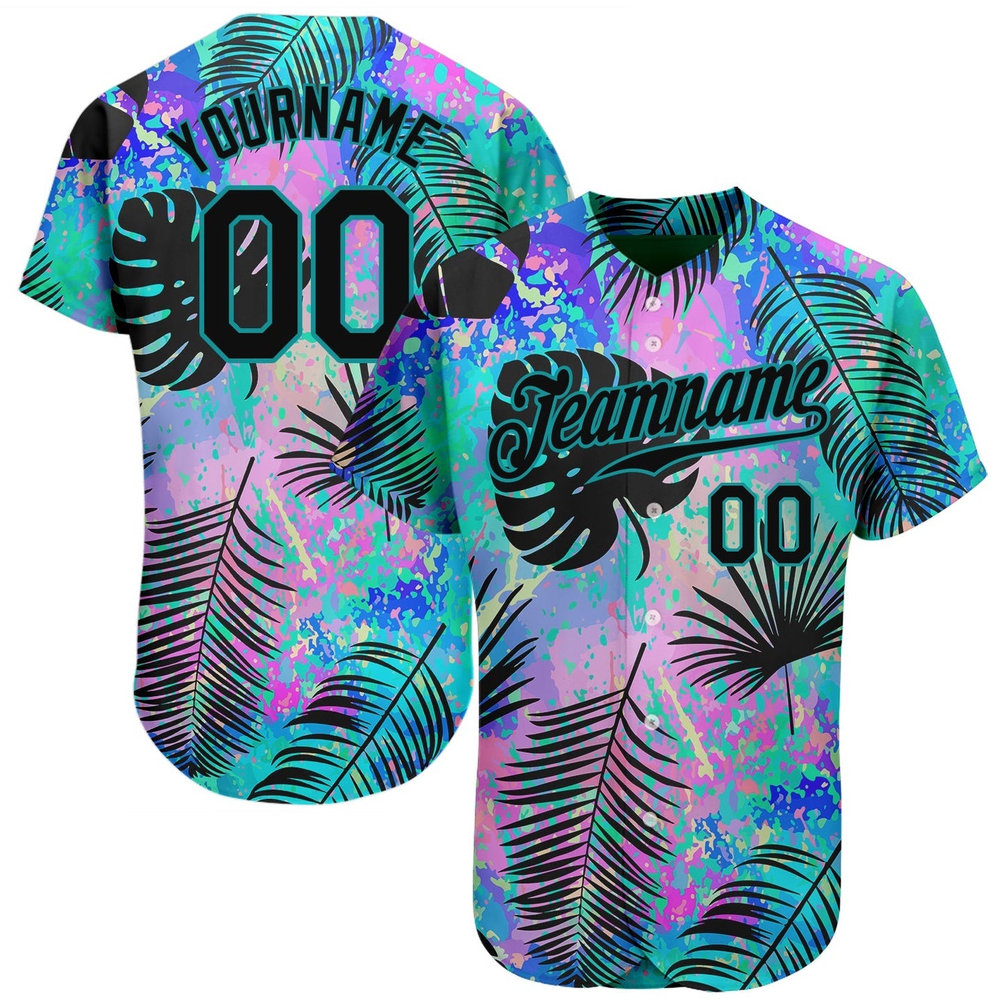 Custom Teal Black 3D Pattern Design Hawaii Palm Leaves Authentic Baseball Jersey baseball jersey product view 1