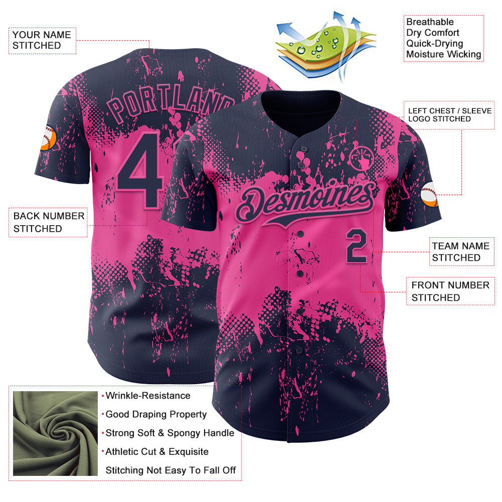 Custom Navy Pink Abstract Splatter Grunge Paint Authentic Baseball Jersey baseball jersey product view 3