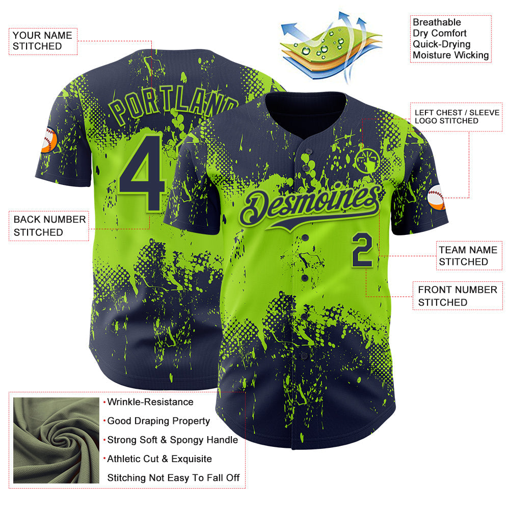 Custom Navy Neon Green Abstract Splatter Grunge Paint Authentic Baseball Jersey baseball jersey product view 3