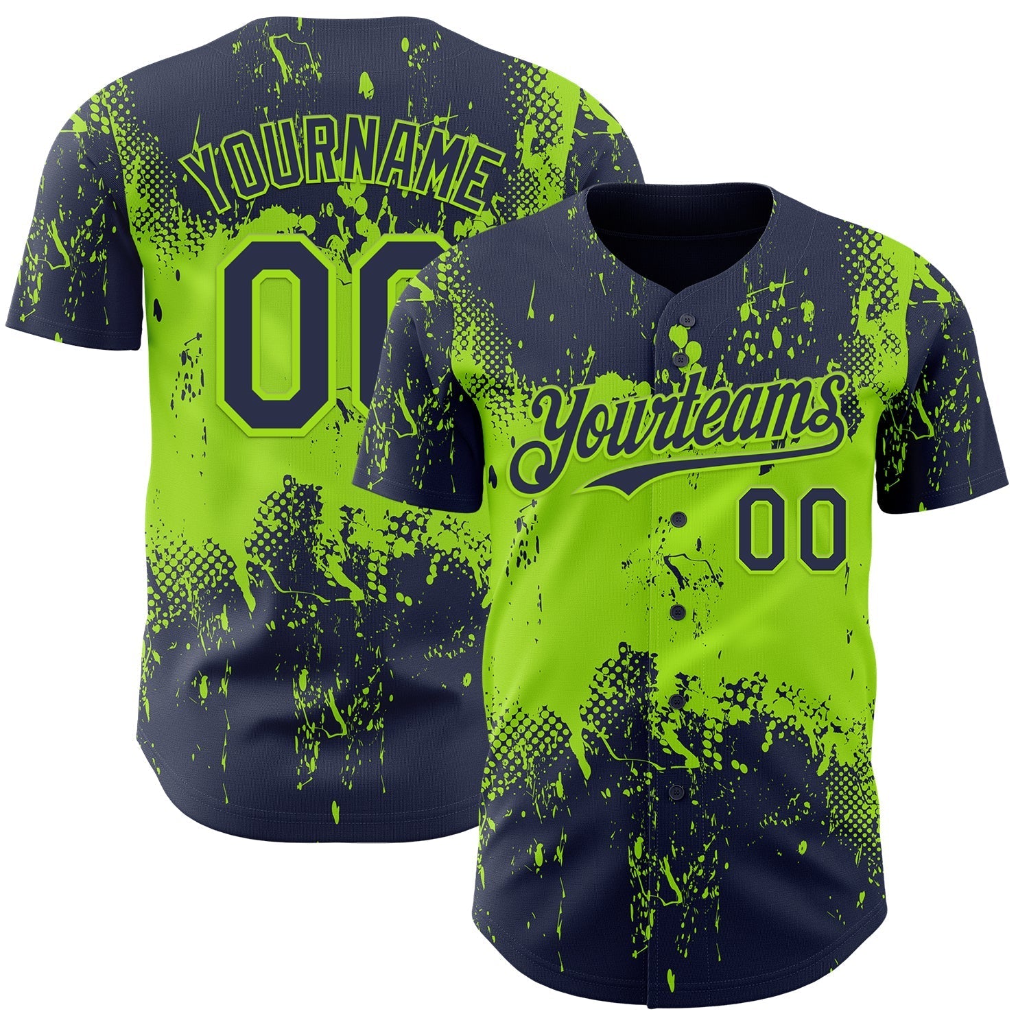 Custom Navy Neon Green Abstract Splatter Grunge Paint Authentic Baseball Jersey baseball jersey product view 1
