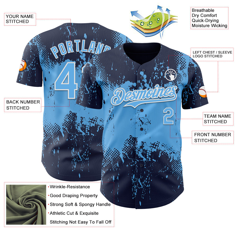 Custom Navy Sky Blue-White Abstract Splatter Grunge Paint Authentic Baseball Jersey baseball jersey product view 3