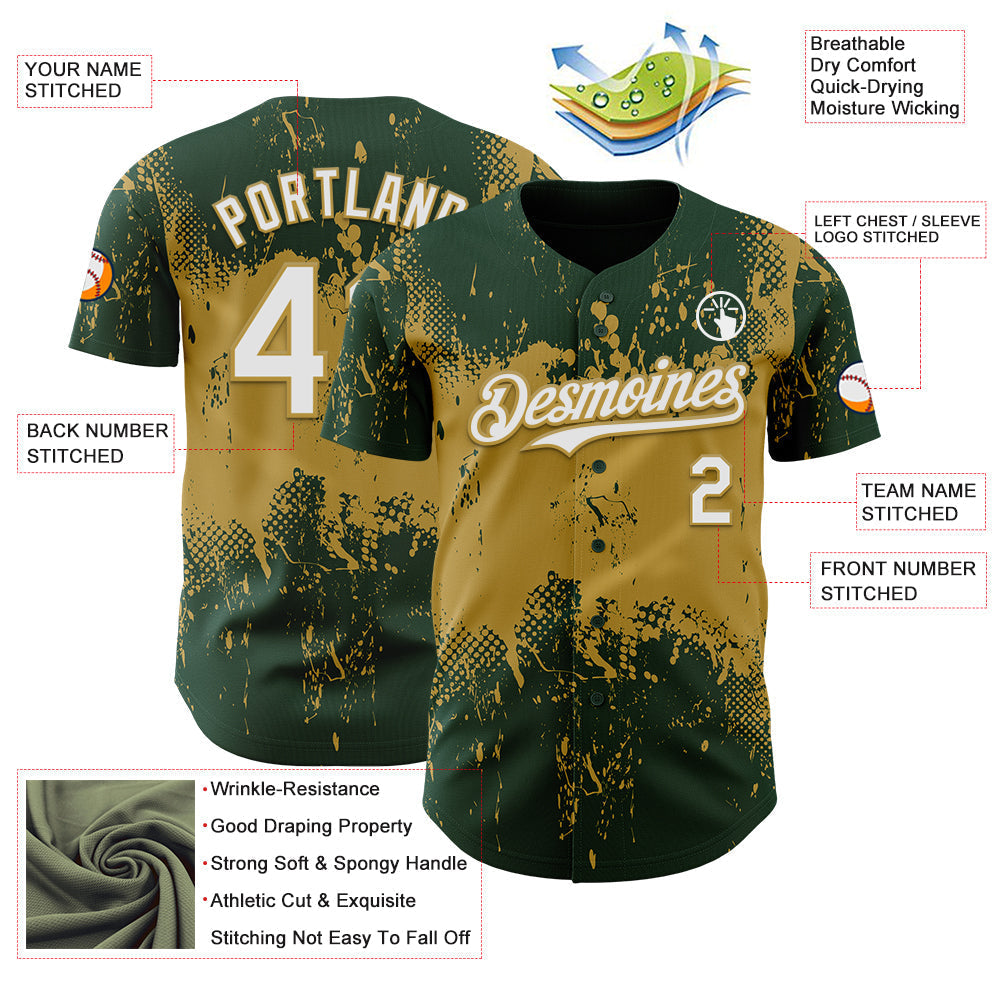 Custom Green White-Old Gold Abstract Splatter Grunge Paint Authentic Baseball Jersey baseball jersey product view 3